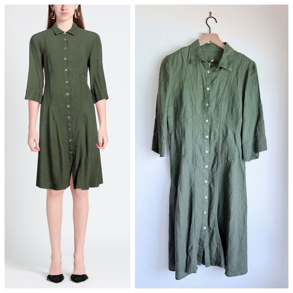 NEW 120% Lino Linen Knee Length Shirt Dress in Military Green Size 40 (US XS)